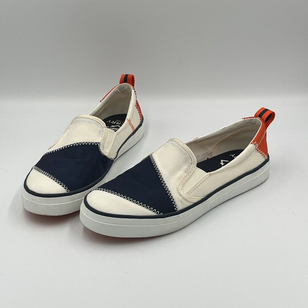 Sperry Slip On Sneakers Navy White Orange Canvas Womens Size 8